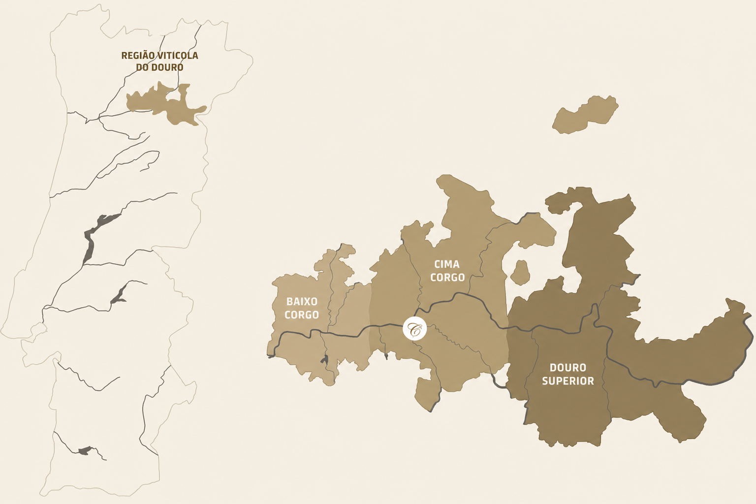 Map of Portugal showing the Douro wine region and its three subregions: Baixo Corgo, Cima Corgo, and Douro Superior